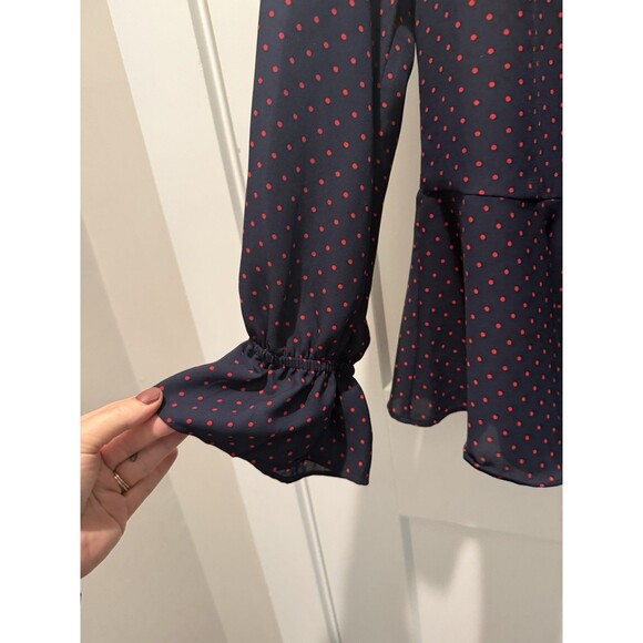 Ralph Lauren Tie-Neck Georgette Top Navy Blue Crimson Swiss Dots Medium Blouse - Picture 4 of 8